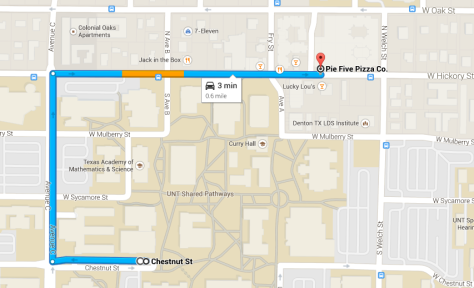Directions to Pie Five (via Google Maps) from the Life Sciences building